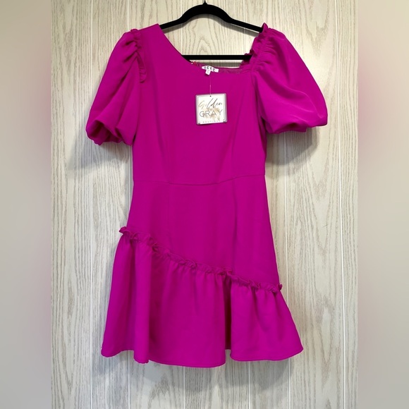 TCEC MAGENTA ASYMMETRICAL PUFF SLEEVE DRESS SIZE S NWT - Picture 9 of 9